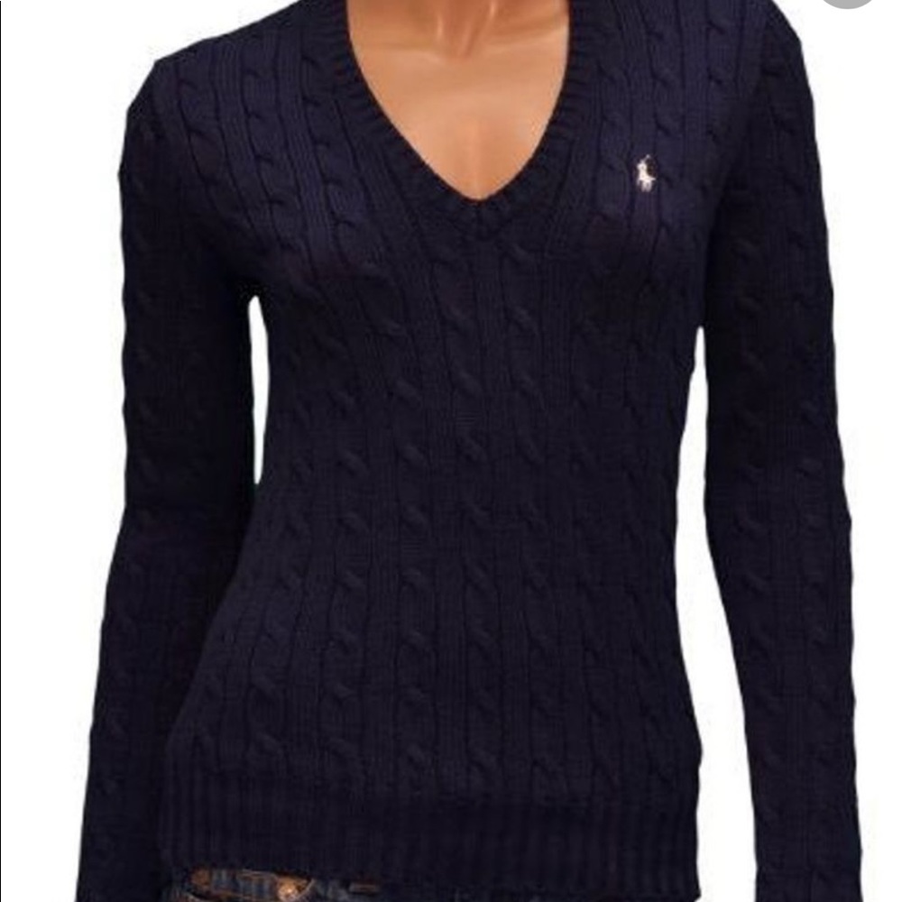 Polo Ralph Lauren Women's Cable Knit V-neck NAVY Sweater